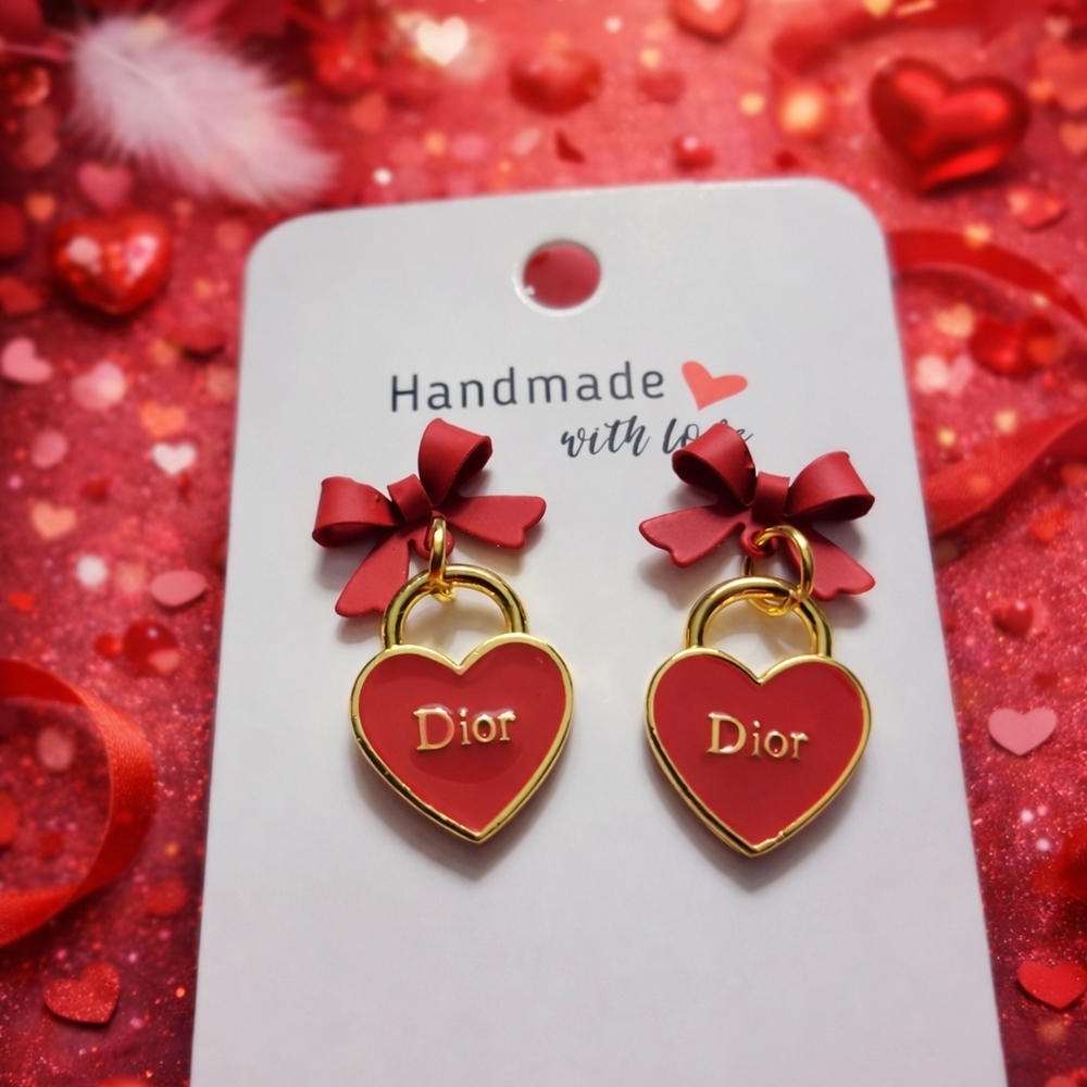 Red Heart Bow Drop Earrings Designer Style Romance